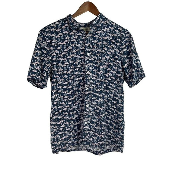 River Island Mens Flamingo Print Button Up Shirt Size Medium Vacation Tropical - Picture 1 of 5